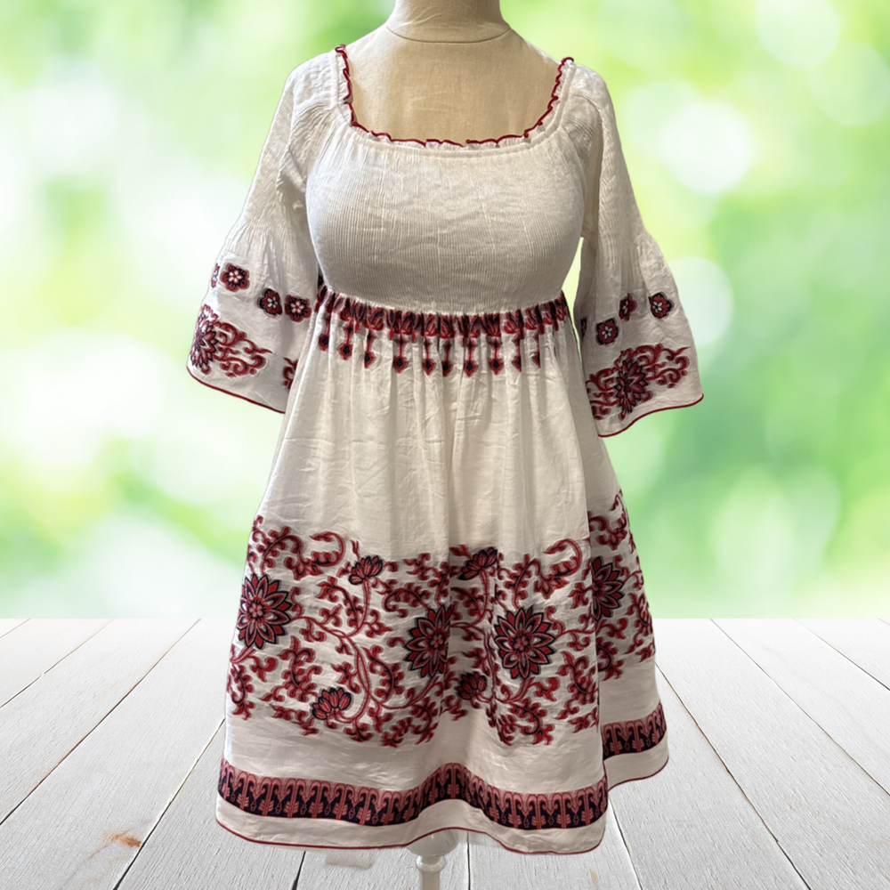 Vtg Y2K CHELSEA VIOLET Embroidered Dress Boho Festival Peasant Bell Sleeve Sz L